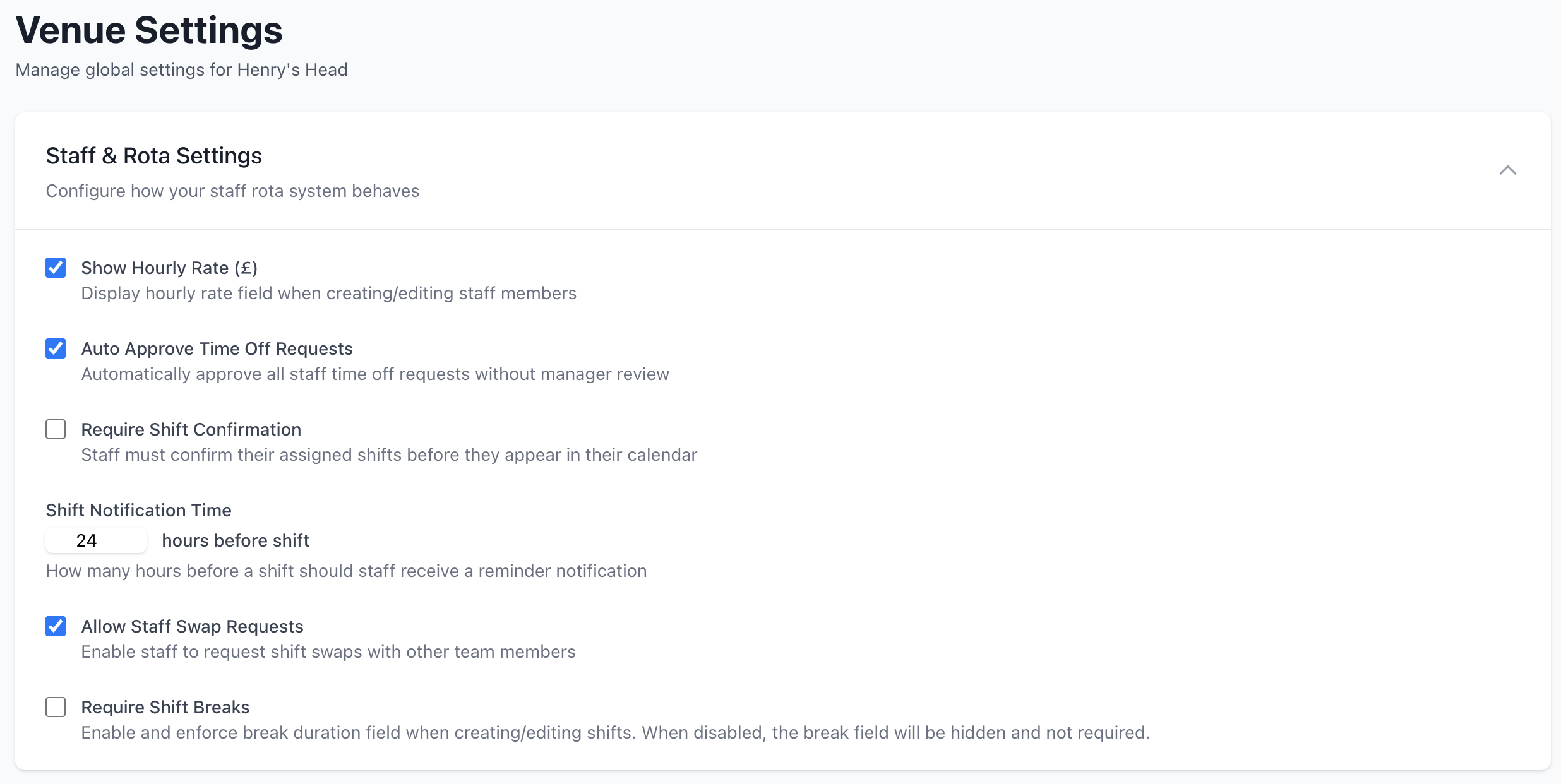 Staff and Rota Settings